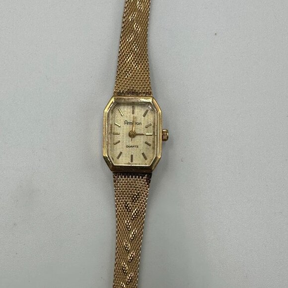 Vintage Armition Watch Women Gold Tone Textured Print Band New Battery 8 Inch - Picture 4 of 16